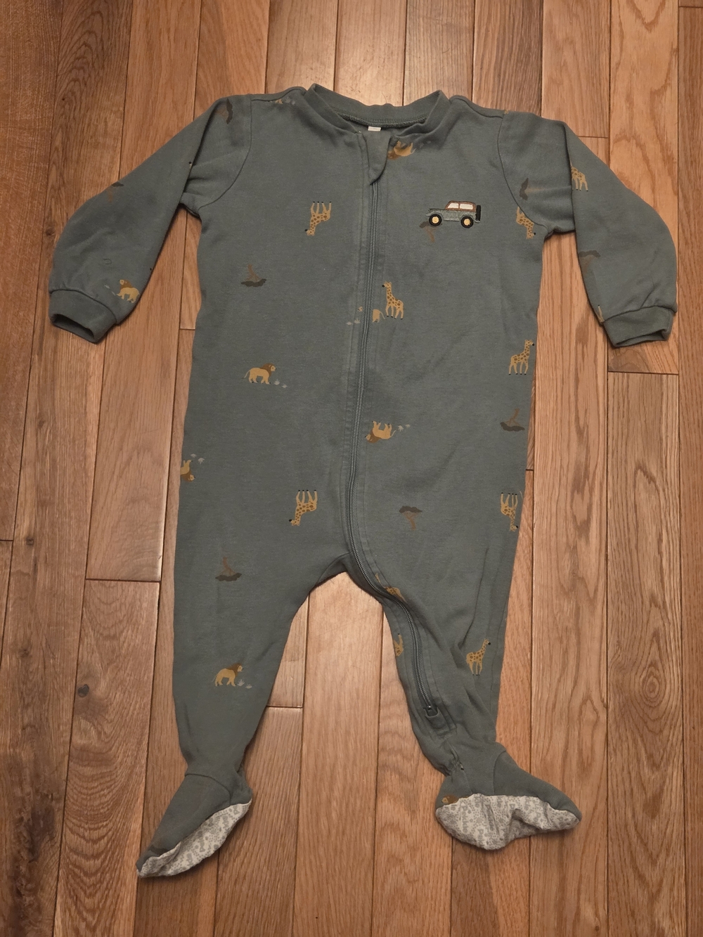 5/$20 Pekkle 12M Green Safari Print Footed One-Piece Zip Up Sleeper Pajamas